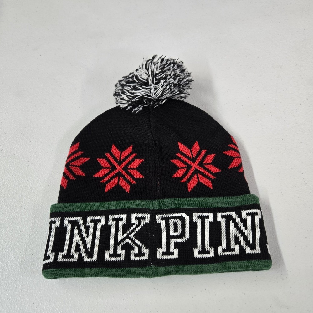 PINK Victoria's Secret Women Beanie OS Black Pom Logo‎ Christmas Pom